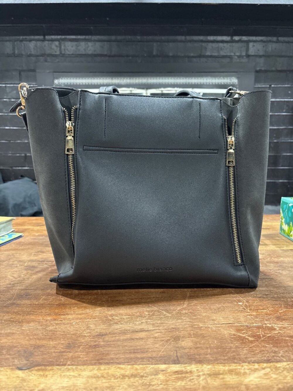 Melie Bianco Black Faux Leather Tote Bag With Gold Zippers & Shoulder Strap READ